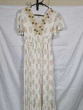 Dress Nado Bohemian White and Gold Maxi Dress with Embellished V-Neck Size Small